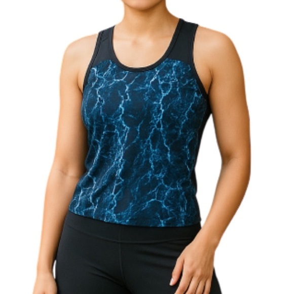 Reitmans Hyba Marble Blue Black Fitted Activewear Tank Top Mesh Racerback M - Picture 1 of 11